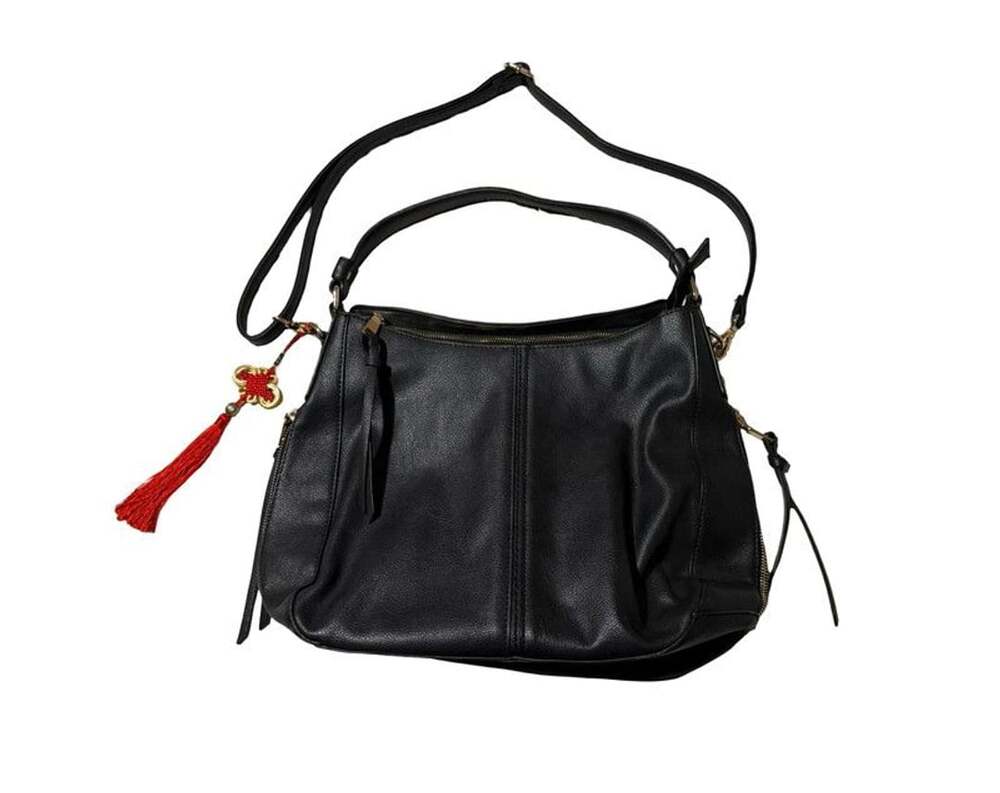 Realer Black Leather Shoulder Bag with Gold Hardware and Tassel